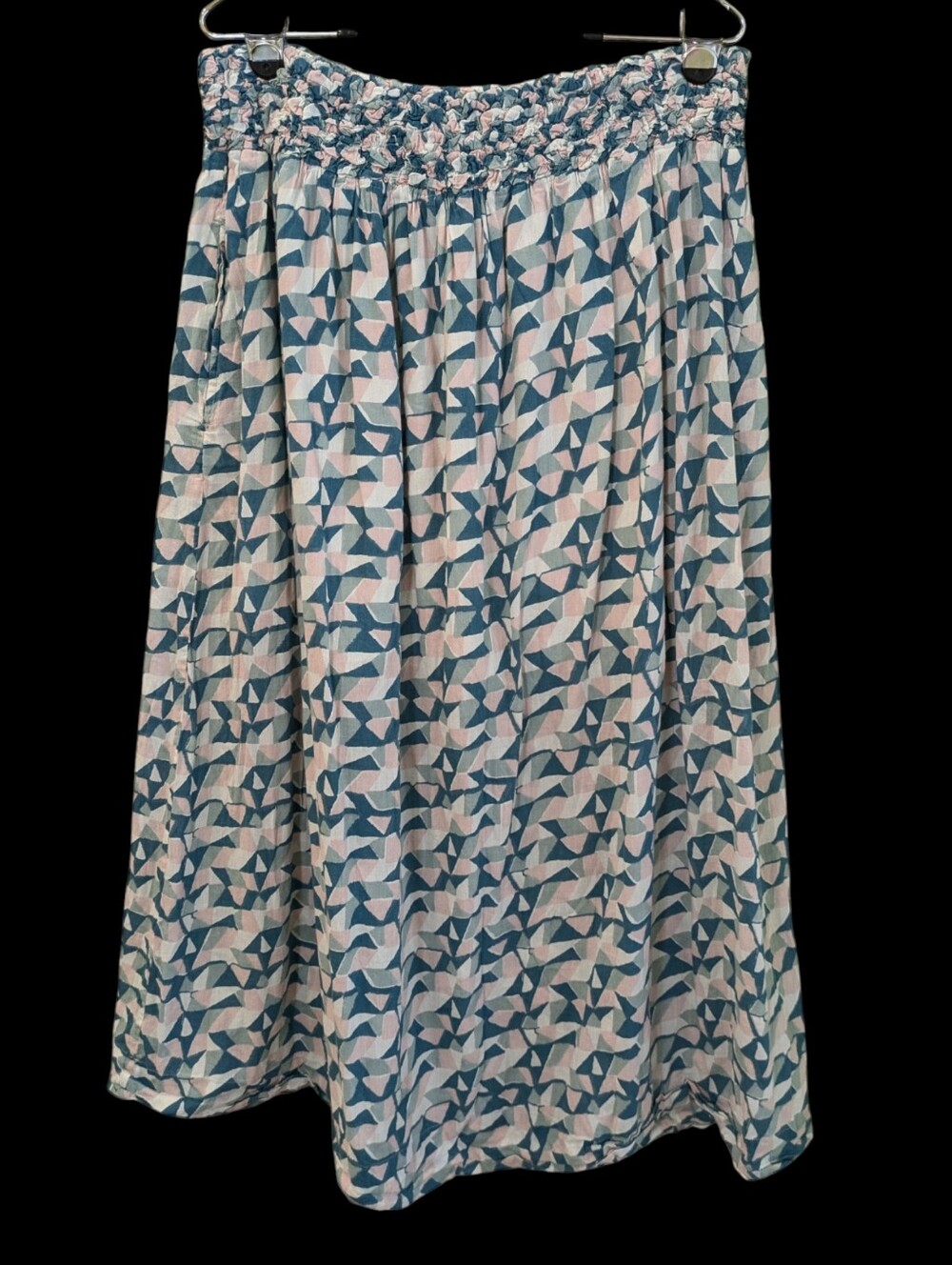 MIRTH Maxi Skirt XL Block Print Geometric Pockets Smocked Waist Cotton